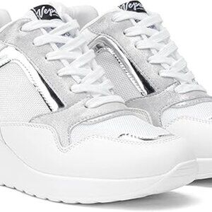 NEW-Women's Fashion Wedge Sneakers-Metallic Silver, White; Arch Support; Size 8.